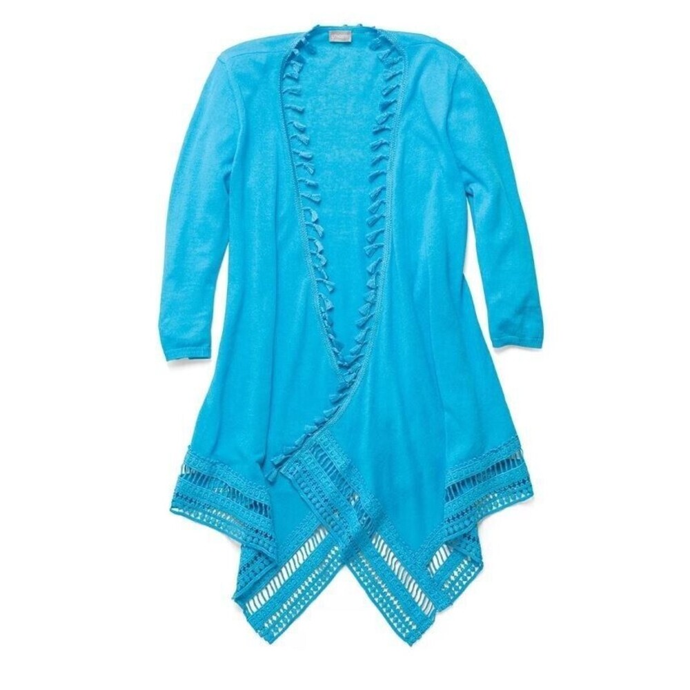 Chicos Tassel Cardigan Blue Linen Cotton Blend Sweater Womens Size 2 US L
